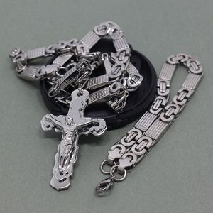 8mm Flat Byzantine Chain Stainless Steel Necklace For Men's Jesus Cross Pendant jewelry277e