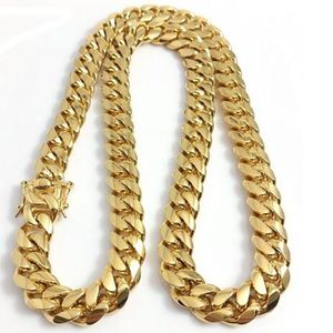 18K Gold Plated Stainess Steel 10mm 12mm 14mm Polished Miami Cuban Link Necklace Men Punk Curb Chain Double Safety Clasp 18inch-30288e