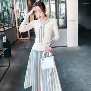 Work Dresses 2024 Autumn Knitted Sweaters 2 Piece Set Runway Women Lace-up Bow Pullover Knitwear Pleated Skirt Two Plus Size Suit