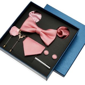 Bow Tie Mens Tie Gift Set Peach Pink Wedding Ties For Men Necktie Bowtie Silk Set Brooches Cufflinks Tie Clip Suits For Husband 240412