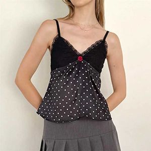 Kvinnotankar camis xingqing y2k cami topp sommar kvinnor spets trim polka prick spaghetti rand slanges camisole 2000s fairycore grunge kläder y240420