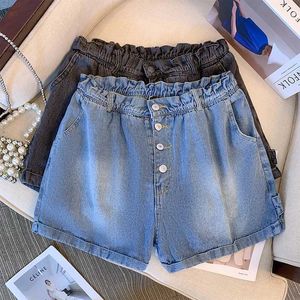Shorts femininos plus size shorts jeans casuais de verão com um peito único e shorts personalizados de estilo strt de bolso grande em preto e azul 6xl Y240420