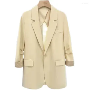 Women's Suits Thin Beige Blazers For Women Summer Spring Tailored Collar Plaid Cuff Wrinkled Sleeve Suit Coat Korean Office Ladies Outerwear