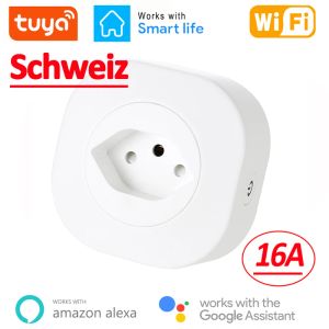 Plugs WiFi Smart Plug 16A Schweiz CH Plug Power Socket Outlet Tuya App för Alexa Google Home Voice Control Power Monitor Timing