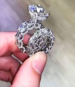 Pierścienie klastrowe biżuteria 925 srebrna para duża biała topaz cZ diamentowy kamienie szlachetne kobiety ślubne pierścień ślubny set8140028