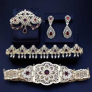 Sunspicems Chic Morocco Bride Jewelry Sets Gold Color Arabic Caftan Belt Brooch Earring Hairchain Wedding Bijoux 240418