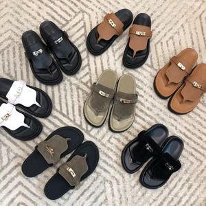 Metal buckle decoration Unisex Flip Flops Slides Slippers Sandals Mules flattie Flat heels Round head women Luxury Designers Genuine Leather Casual shoes