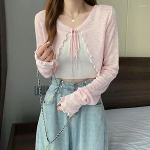 Women's Knits Summer Women Thin Outerwear Sun Protection Cardigan Ice Silk Knit Tops Bow Lace Up Short Suspender Skirt Shawl Airable Shirt