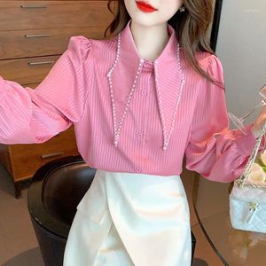 MUSTICHE DELLE DONNE LIMIGUYUE Ufficio francese Lady Stripe Donne Summer Pearl Turno-Down Collar Long Shirt Temperamento Tops Z132