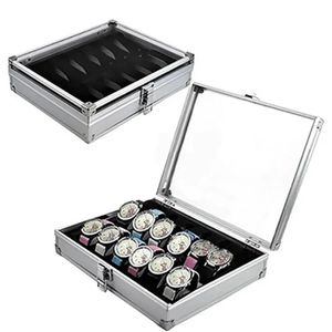 Användbar aluminiumklockor Box 12 GRID Slots smycken Watches Display Storage Box Square Case Suede Inside Rectangle Watch Holder 240408