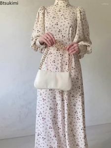 Casual Dresses Fashion Slim Printed Maxi Dress Women's Stand Collar Long Sleeve Vintage Elegant Party for Women Muslim Robe