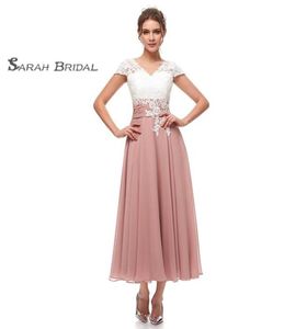 Simpucibili maniche corte con cerniera Vneck Lunghezza da tè Abiti da ballo Appliques Chiffon Aline Evenica formale in stock 31187440606