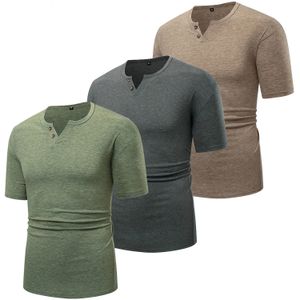 2024 Sommer Fashion Mens Solid Color Short Sleeve Henley Shirts Casual 100 Polyester Vneck Plain T -Shirts Tops für Männer 240419