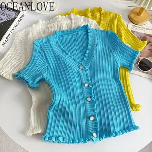 Magliette da donna camicia a maglia per oceanlove per donne arti solide dolci a vccarino primavera estate ropa de mujer coreana sottili magliette