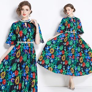 Summer Tropical Print Beading Womens Midi Long Pleated Dresses Stand Mock V Neck Belt Half Sleeve Ladies Casual Party Beach Vacation Holiday Wholesale Dropshipping