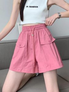 Women's Shorts Pink Elastic Waist Women Summer Drawstring Thin Wide Leg Loose Casual Short Cargo Pants Female