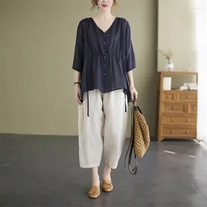 Calças de duas peças femininas definem verão coreano casual vintage solto quarto de manga e harém define roupas femininas