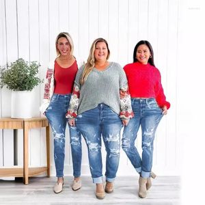 Kvinnors jeans 2024 rippade för kvinnor små ben byxor raka midvist mode hundra avslappnade blå hiphop streetwear