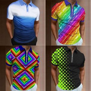 Camisa pólo masculina do padrão de arco -íris geométrico com mangas curtas e uma fábrica 3D, bens estáveis