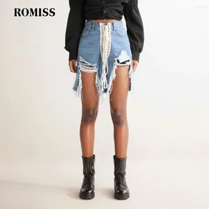 Women's Shorts ROMISS Streetwear Patchwork Lace Up Denim For Women High Waist Spliced Pockets Casual Slimming Short Pants Female