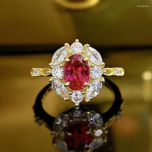 Cluster Rings Yellow Gold Wedding Ring For Women Real 925 Sterling Silver Pigeon Blood Red Ruby Elegant Gift