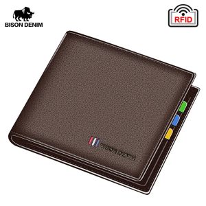 Wallets BISON DENIM 100% Cow Leather Small Wallet Men Bifold Credit Card Holder Wallet RFID Blocking Purse Best Gift Male Pocket Bag