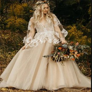 Rustic Champagne Boho Wedding Dresses 2024 Sexy V Neck Bishop Sleeves Bridal Gown Open Back Fairy Bohehemian Country Bride Dress A Line Lace Robe De Mariee Vestio Boda