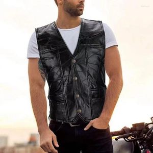 Men's Vests Punk Classic Motor Leather Waistcoat Lace Button Sheepskin Synthetic Vest Sleeveless Jacket For Men