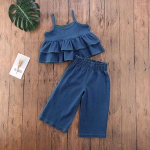 Giyim Setleri Toddler Kız Çocukları Yaz Kıyafetleri Denim fırfırlı kolsuz bebek üstleri yüksek bel geniş bacak pantolon çocuk kıyafetleri set