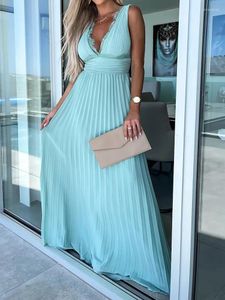 Casual Dresses Women Deep V-Neck Sleeveless Maxi Dress Loose Fit Loungewear Lace Patchwork Summer Zipper Ladies Party Streetwear