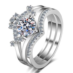 Nuovo stile Luxury 3pcs 925 Sterling Silver Platinum Platinato Impegno a previsione Princess Tiara Crown Wedding Fedi di gioielli da donna