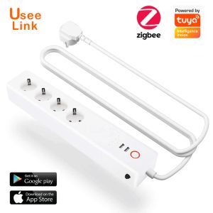 Plugs Zigbee Smart Power Strip 16A EU/UK, USEelink Smart Power Bar Extension Casco di uscita con 2 spine USB e 4 CA di Tuya