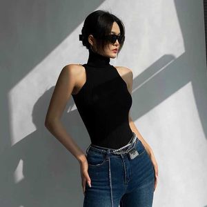 Kvinnors tankar Camis Heliar Women Black Off Shoulder Tank Tops Turtleneck Y2K Tops Women 2024 Summer Sticked TS Hot Skinny Round Neck Solid Cloth Y240420