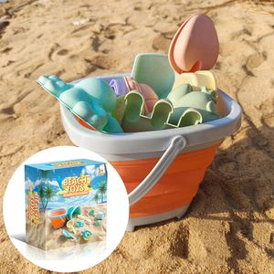 11 PCS Bucket Beach Toy Set med fällbara lek sandleksaker spade rake sprinklerbarn för småbarn 3age 240411