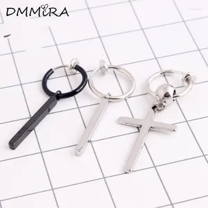 Hoop Earrings Fashion Men Punk Male Pendientes Black Color Stainless Steel Cross A Word Pole Non-piercing Huggie Jewelry