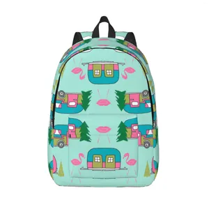 Backpack Happy Camper Flamingos Multifunction Classic Basic Water Resistant Casual Daypack For Travel With Bottle Side Pockets