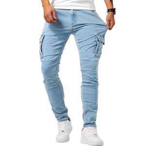 Mode män jeans smala fit stretch mager jeans rak last denim byxor