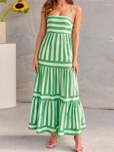 Sukienki na co dzień Chronstyle Długie sukienki bez rękawów Spaghetti Pasek Square Secion Striped Print Summer Party High Taist Beach Vestidos