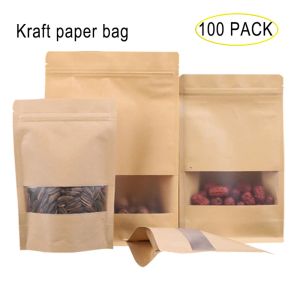 Sacchetti da 100 pezzi/lotto in piedi per le tappe della carta kraft con snack finestre sacchetti con chiusura a zip borse da imballaggio a cibi sigillati con tacca lacrima