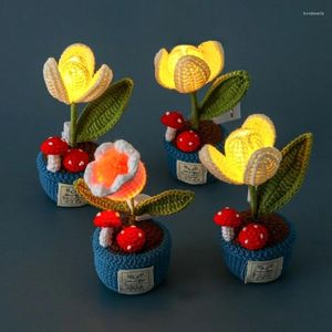 Decorative Flowers Knitted Flower Pot Crochet Potted Plants With Lamp Hand Woven Finished Desktop Ornament Kids Gift Living Room Decoration
