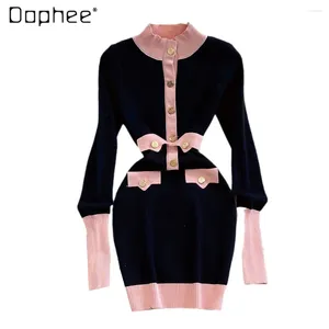 Casual Dresses Autumn And Winter Knitted Sheath Dress Temperament Contrast Color Long Sleeve Stand Collar Cinched Single-Breasted Midi