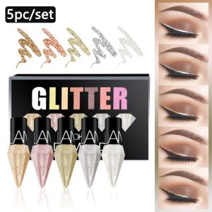 Eyeliner 5pc/Set Profesyonel Parlak Göz Hatürceleri Kadınlar İçin Kozmetik Pigment Gümüş Gümüş Gül Renk Sıvı Glitter Eyeliner Güzellik Makyajı