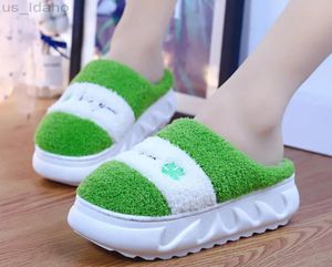Slippers Green Leaf Thick Sole Hairy Girls Indoor Flip Flop Winter Slides Fuzzy Woman Platform Home Shoes Warm L2209061051800