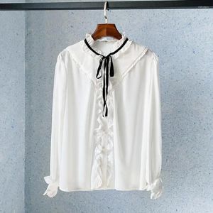 Blouses Designer Marka White Stand Up Kllar Single Beded Shirt Women Retro Ruffles Long Sleeve Spring 2024 Odzież
