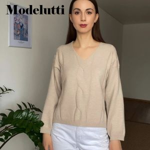 Sweaters modelutti 2023 Neue Herbst Winter Fashion Woman Vneck Kabel gestrickt