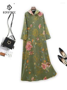 Lässige Kleider Birdtree 60 mm Maulbeer Seiden handbemaltem Xiangyunsha Kleid Frauen Vintage Kapuze doppelseitig mit vielseitigem D3D434QC
