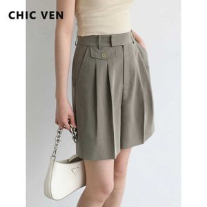 Women's Shorts CHIC VEN Summer Womens Shorts Pleated Casual High Waist Contrast Set Pants Casual Loose Wide Leg Office Womens Solid Women 2022 Y240420