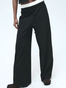 TRAF Spring Womens Striped Trousers Fashuon Casual Patchwork Wide Leg Pants Ladies Drawstring Commute Straight 240410