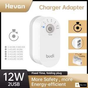 Kontroll Budi Smart Adapter USB Timer Folding Charger med EU UK Power Plug för iPhone 12 11 Pro Max Mini Huawei Xiaomi Safe Charging