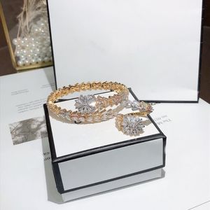 Fashion Brand Jewelry Sets Lady Brass Ladder Square Diamond Snakelike 18K Gold Wedding Engagement Open Bracelets Rings Se326w